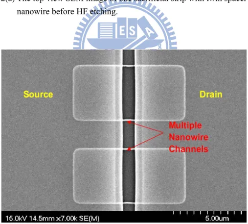 Fig. 2-2(b) The top view SEM image of one sacrificial strip with twin spacer  nanowire after HF etching