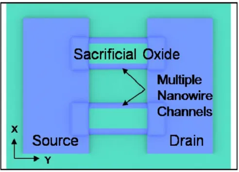 Fig. 2-2(c) The corresponding process step of one sacrificial strip with twin spacer  nanowire before HF etching in top view