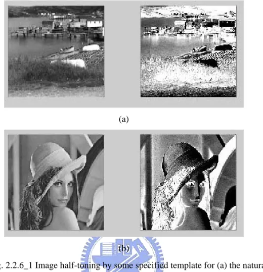 Fig. 2.2.6_1 Image half-toning by some specified template for (a) the natural  gray-level image (b) the human gray-level image (Left: the original image, Right: 