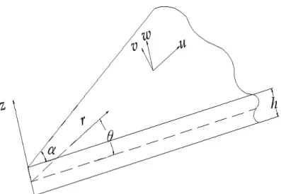Fig. 1 Coordinate system and positive displacement components for a sector plate 