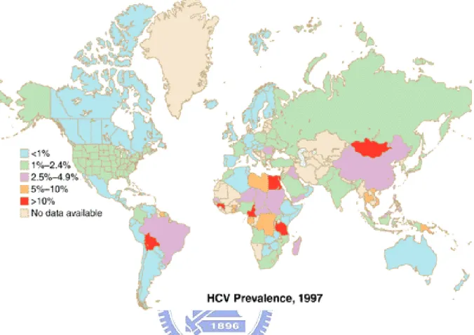 Figure 1. Global prevalence of Hepatitis C (adapted from WHO, 1997) 