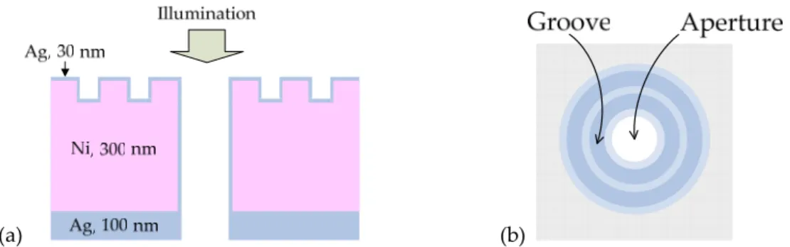 Fig. 2.5-1 The (a) side view and (b) top view of a single aperture surrounded by surface corrugations   