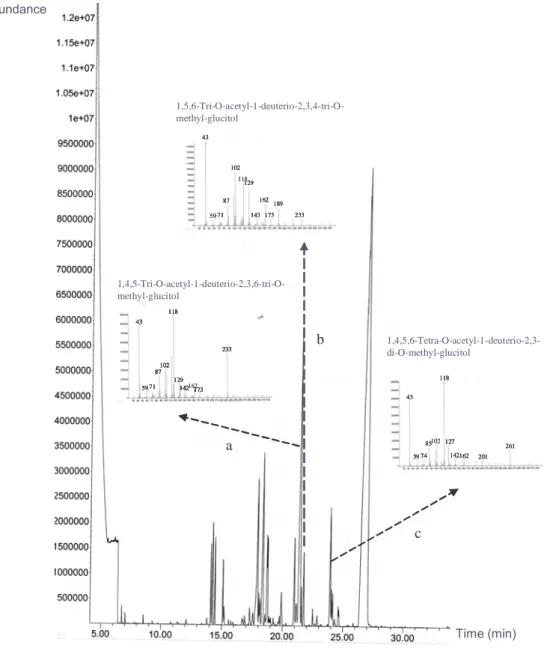 Fig. 13 GC-MS data for the alditol acetates derived from the methylated  polysaccharide BWE isolated from L15 L