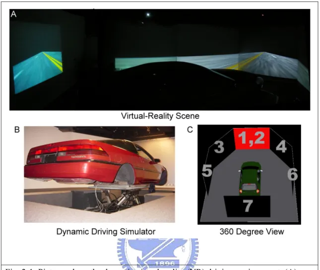 Fig. 2-1: Pictures show the dynamic virtual reality (VR) driving environment. (A):  The picture shows the 3D surrounded VR driving scenes