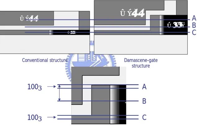 Fig. 2-2 The sampling positions of the damascene-gated and conventional structures 