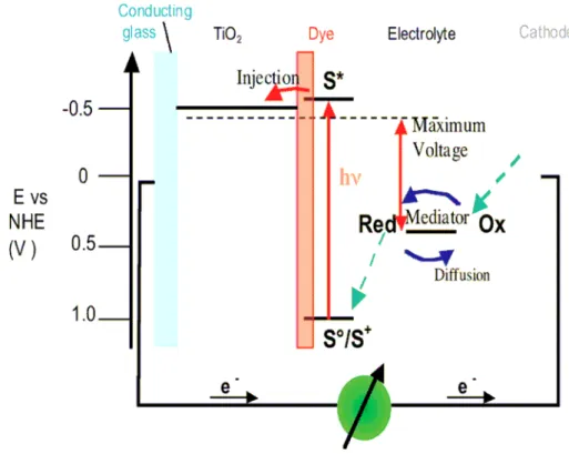 Figure  2.5 Energy  band  diagram  of  a  typical  DSSC  employing  an  iodide/triiodide-based  redox eletrolyte and N719 as a sensitizer dye [49].