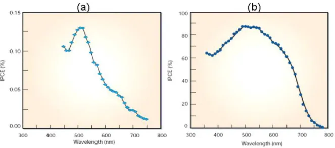 Figure  2.7  Comparison  of  the  incident  wavelength  to  charge  carrier  efficiency  (ICPE)  of  dye-sensitized solar cell with (a) flat electrode and (b) nano-crystalline electrode [5].