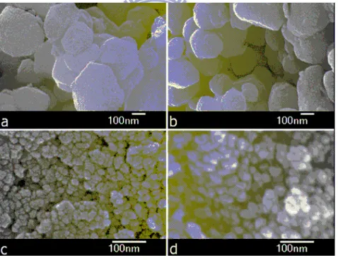 Figure 2.17 SEM images of the bilayer TiO 2  electrodes before and after application of a 1 nm  ALD Al 2 O 3  overlayer: (a) the scattering layer before ALD; (b) the scattering layer after ALD;  (c) the nanoporous layer before ALD; (d) the nanoporous layer