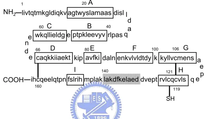 Figure 1: Amino acid sequence of β-LG.    β-LG is consisted of 162 amino acids with  nine  β-sheet strands (A-I) and one α helix (shadow)
