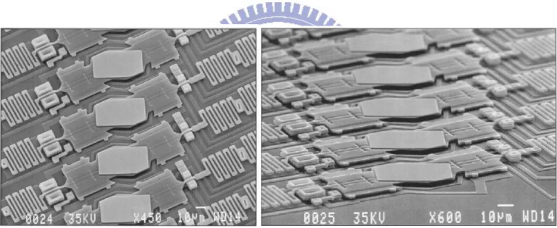 Figure 1-7. SEM micrographs of the mirror array actuated by parallel plate  electrostatic force [6]
