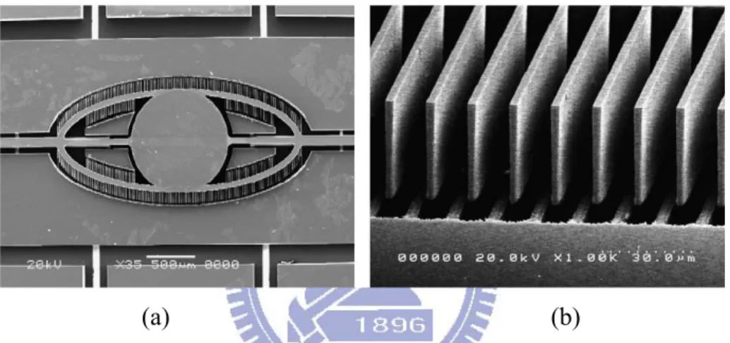 Figure 1-26. SEM micrographs of the eye-type micro scanning mirror: (a) upper view  and (b) enlarged view of the combteeth [16]