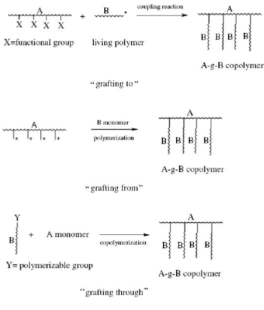 Figure 1-2. Randomly branched graft copolymers can be prepared by three general  synthetic methods: 1) the ‘‘grafting to’’, 2) the ‘‘grafting from’’, and 3) the 