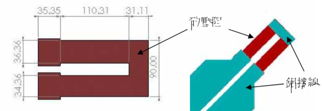圖 4-14  壓阻設計之外型大小與接線(單位： µ m ) 