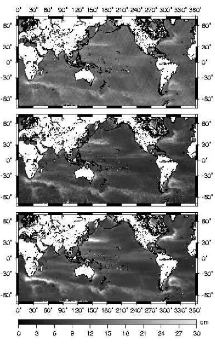 Figure 2.3: Estimated standard deviations of point SSH of Geosat/ERM (top), ERS-1  (center) and TOPEX/POSEIDON (bottom) 