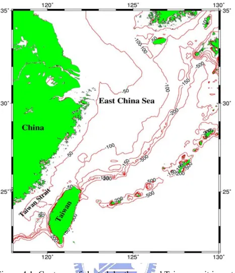 Figure 4.1: Contours of slected depths around Taiwan, unit is meter 