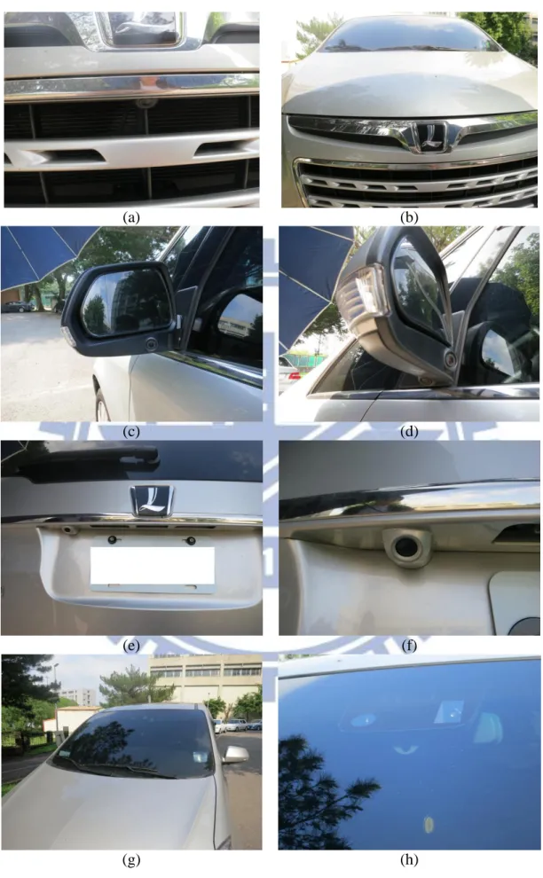 Fig. 3.1 The cameras affixed on the body of the car (a) (b) front part of the car (c)  (d) side part of the car (e) (f) rear part of the car (g) (h) the recorder on the mirror