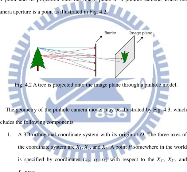 Fig. 4.2 A tree is projected onto the image plane through a pinhole model. 