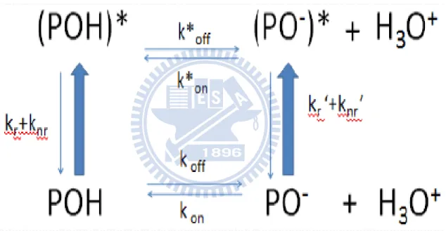 Figure 3.1 Proposed scheme of the proton transfer reactions of HPTS in the ground and first  excited state