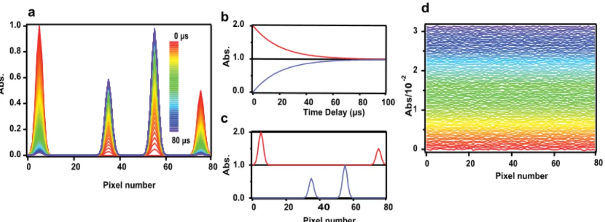 Figure  II–4.  Simulated  time-resolved  spectra  (a),  extracted  concentration  profiles  (b),  spectral profiles (c) and residuals (d) obtained after performing global curve fitting analysis  over the time-resolved spectral data matrix shown in (a)