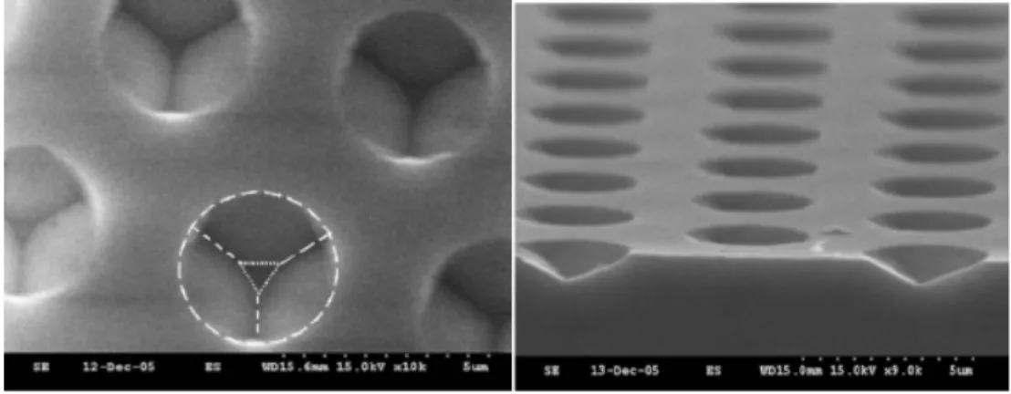 Fig. 1-3 Top and cross-sectional view SEM images of a PSS by wet etching 