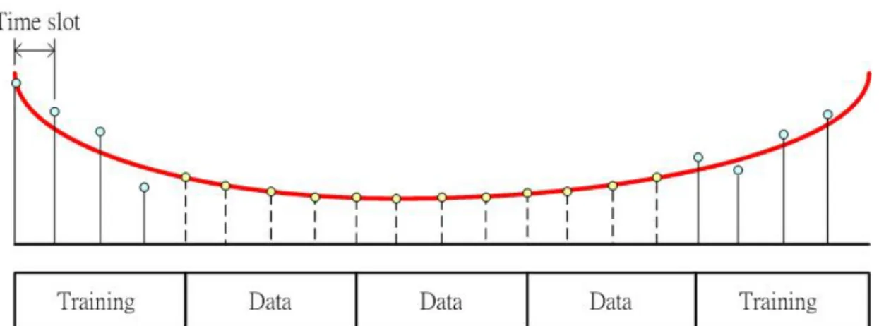 Fig. 3.3 Channel tracking by sub-symbol polynomial interpolation   