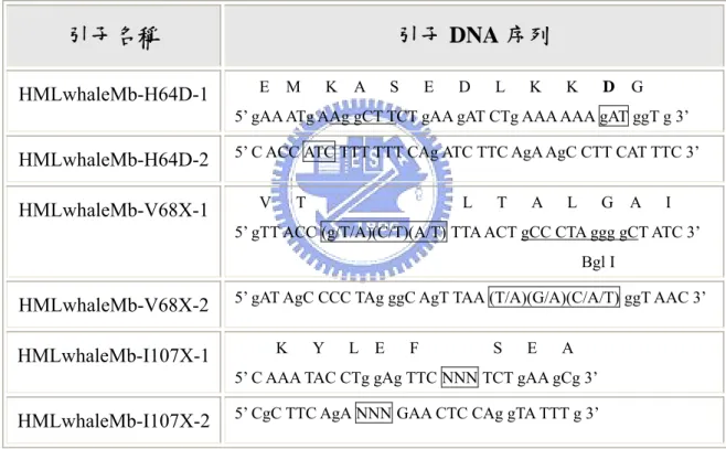表 2-4  設計合成 3 種定點突變的互補引子(Primer)。 