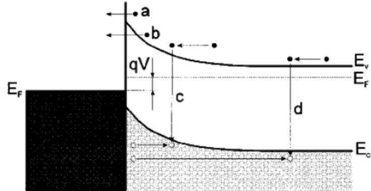 Fig. 2.1 Four basic transport processes in forward-biased Schottky barrier on an  n-type semiconductor