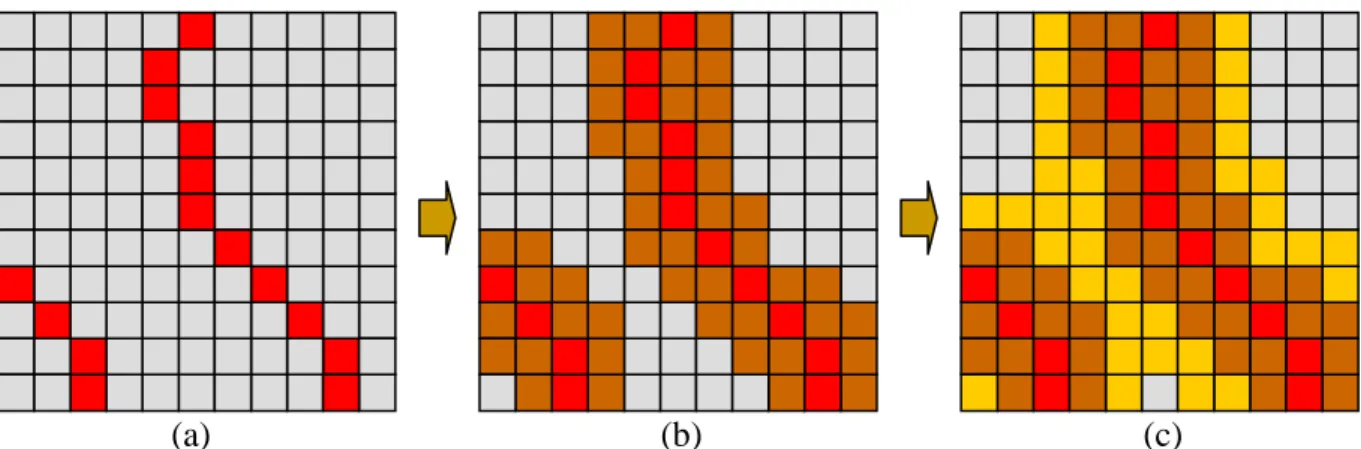 Fig. 3-8  An example of dynamic threshold propagation (a) Boundary pixels (b) Assigned pixels  after first iteration (c) Assigned pixels after second iteration 