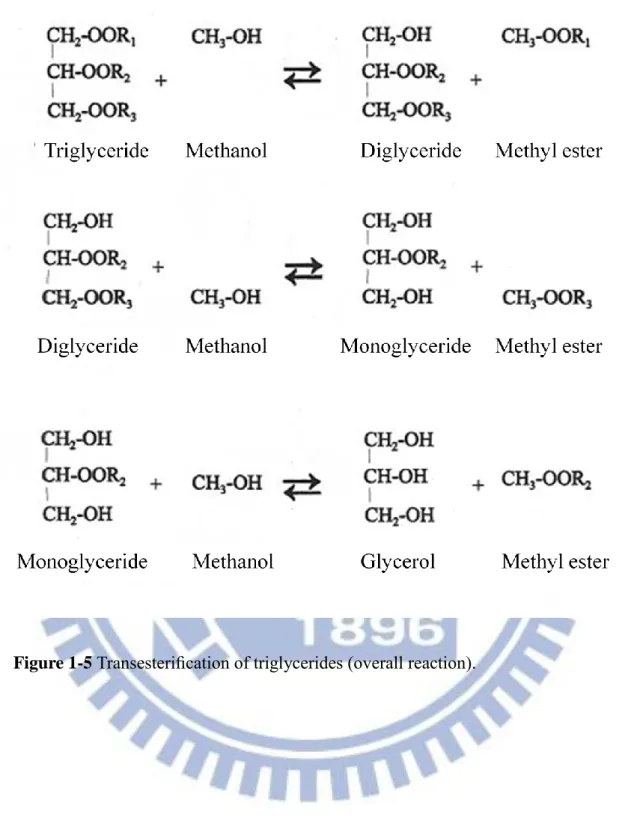Figure 1-5 Transesteriﬁcation of triglycerides (overall reaction). 