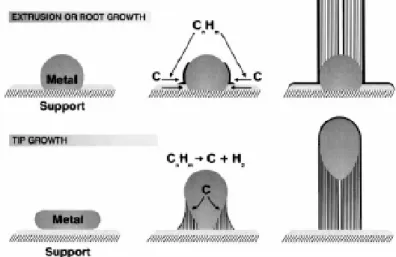 Fig. 1-10  Schematics of tip-growth and base-growth for carbon filament growth  [75]. 
