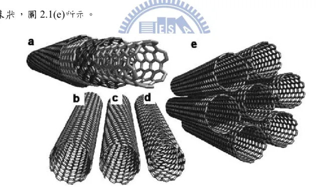 圖 2.1 奈米碳管的結構圖 (a)多層的奈米碳管(multi-walled carbon nanotubes 