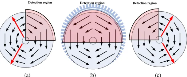 Figure  4.2  The  optical  flow  pattern  and  the  corresponding  detection  region.  (a)  The  case of turning to the right