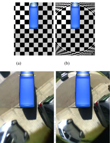 Fig. 2- 2: (a) A synthetic image consisting of a checkerboard on the ground (b) The back  parking result in bird-eye view system 