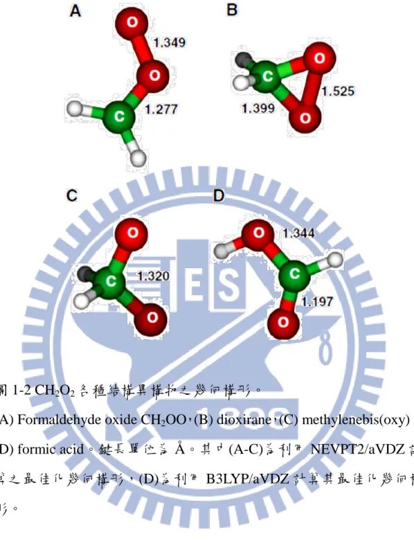 圖 1-2 CH 2 O 2 各種結構異構物之幾何構形。 