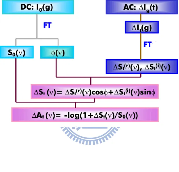 圖 2-6  由 ac/dc 耦合擷取之信號，其產生時間解析  吸收度差異譜(ΔA t (ν))之步驟。 