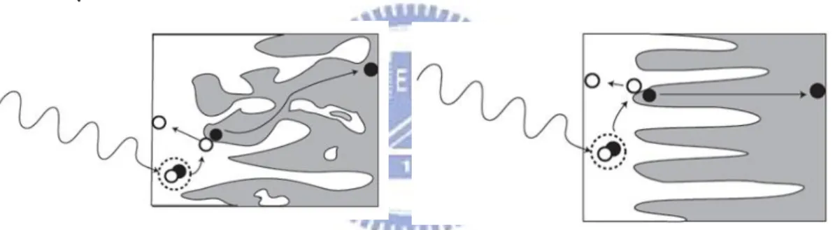 圖 1-6.Bulk Heterojunction 結構(左)及其能階情形(右)，此結構以 donor 與 acceptor 兩材 料均勻混合，形成眾多接面，因此照光後的電子電洞對能夠靠著眾多的接面達到有效的載子 分離及收集。  在 Bulk Heterojunction 太陽能電池中，目前轉換效率最高的是 P3HT/PCBM 這樣的材料 組合，其中 P3HT 扮演著 P 型角色，也就是 Acceptor，負責傳導電洞，而 PCBM 則扮演著 N 型 並負責傳遞電子，也就是 Donor。儘管我們可以在電極和