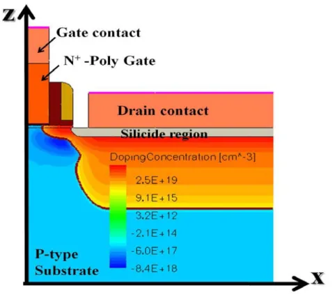 Figure 3.4  The  simulated  doping  profile  of nMOSFETs. Here, the blue color  represents p-type doping and red color depicts n-type one