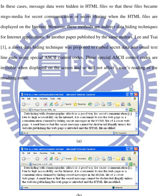 Figure 2.3  An experimental result found in Lee and Tsai [12]. (a) Cover text seen in  the  window  of  the  IE