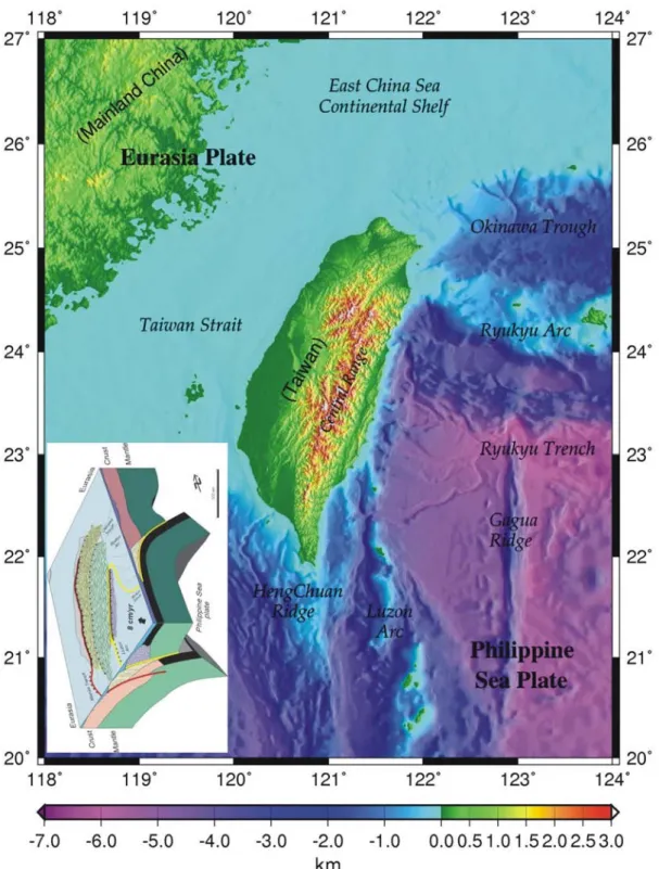 Fig. 1-1 Terrain and bathymetry around Taiwan (Hwang et al., 2007b). The inset is a  tectonic map of Taiwan from Angelier et al