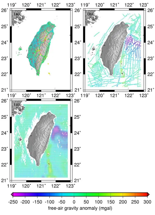 Fig. 3-1 Distributions and free-air gravity anomalies of surface and altimeter-derived  gravity