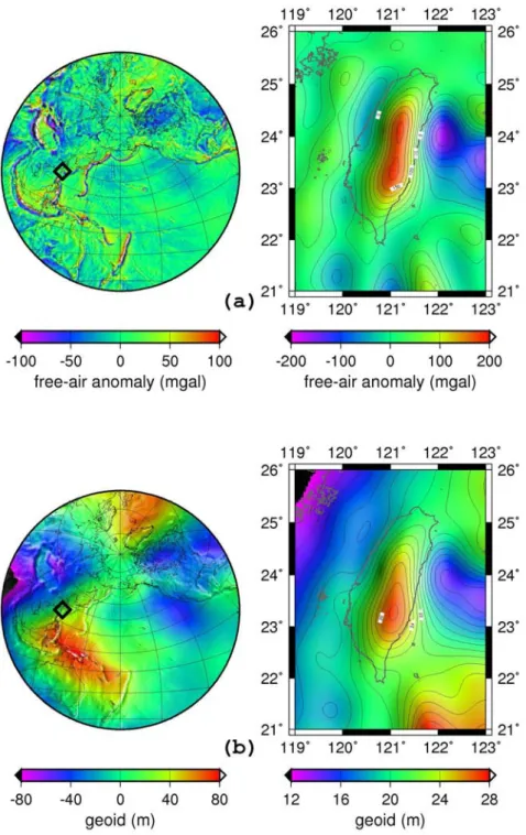 Fig. 3-2 (a) Gravity anomalies and (b) geoid heights globally and over Taiwan  obtained from the EIGEN-GL04C coefficients