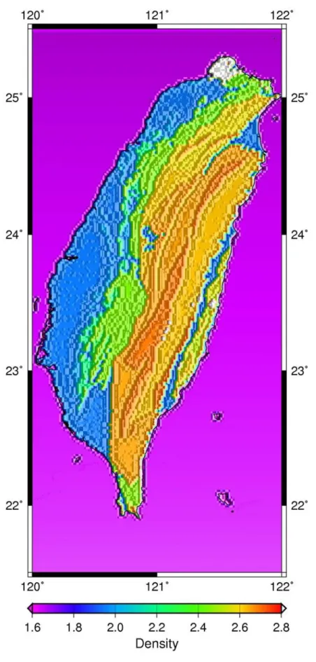 Fig. 3-4 Density model over Taiwan (unit: g/cm 3 ). Data are stored in a 5-min grid.  The average density on land is 2.35 g/cm 3 .