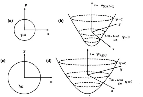 Figure 2.4: Level set formulation of equation of motion - (a) and (b) show the curve γ(t = 0) and the surface at Ψ(x, y) t=0, and (c) and (d) show the curve γ(t) and the surface Ψ(x, y) at time t.(This figure is cited from [15])