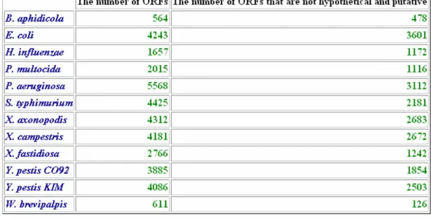 Figure 3.3: The numbers of ORFs of 12 gamma-Protebacterial genomes,  as well as the numbers of those ORFs that are not hypothetical or  putative