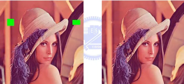 Fig. 2- 6  Lena : (left) Picture with large damaged regions. (right) Restored image obtained  with fast inpainting algorithm