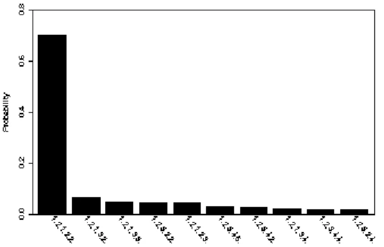 Figure 3.6. Estimated posterior distribution of partition for the simulated data in Case II    (the  partition with probability less than 0.005 is not shown) 
