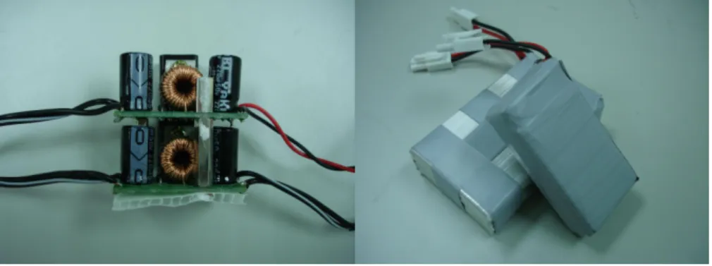 圖 33  電源模組與電池      光流感測器  如 圖 34 所示，我們使用雷射滑鼠作為光流感測器，此感測器相較與普通滑鼠 有幾項優點，解析度較高、可在透明物質上使用、且不需與地面接觸。  圖 34  光流感測器     馬達組  如圖 35 所示，我們將雷虎科技所出的 DS 1313 伺服機改裝後，在自行加上 直流馬達驅動電路，完成我們需要的馬達組。  圖 35  馬達組 