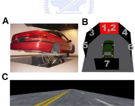 Figure 1. The virtual reality environment. A: A real car without the engine and  other unnecessary parts were mounted on the motion platform