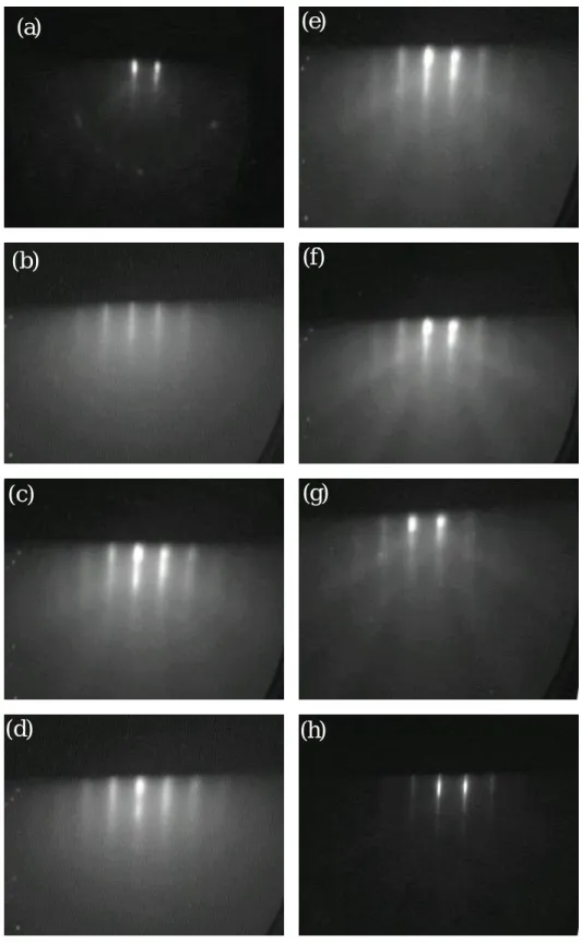 Fig. 4-5 RHEED patterns of (a) the sapphire substrate after thermal treatments and  ZnO epilayer after the deposition of about (b) 2, (c)8, (d)40, (e)100, (f)300, (g)1000  nm