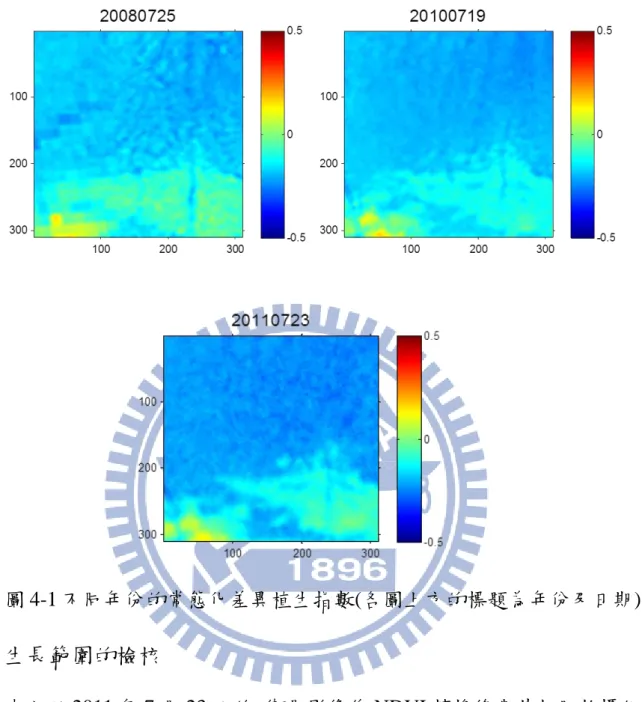 圖 4-1 不同年份的常態化差異植生指數(各圖上方的標題為年份及日期)  4-2  生長範圍的檢核  本文以 2011 年 7 月 23 日的  衛星影像作 NDVI 轉換後與其相同拍攝位 置的航照正射影像(資料由自強工程顧問有限公司提供)比較，如圖 4-2 所示。 航照正射影像的空間解析度為 6 公分，此航照正射影像的拍攝時間為 2011 年 9 月，且雲林莞草於 8 月開始老化。因拍攝時間不同，所以衛星影像與 航照正射影像的雲林莞草面積辨識比較可能會有些差距，但以這兩張圖相 比仍可得到一些重要的資訊。 